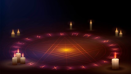 A star in a circle on the floor with candles, a magic ritual of summoning a demon from the pentagram