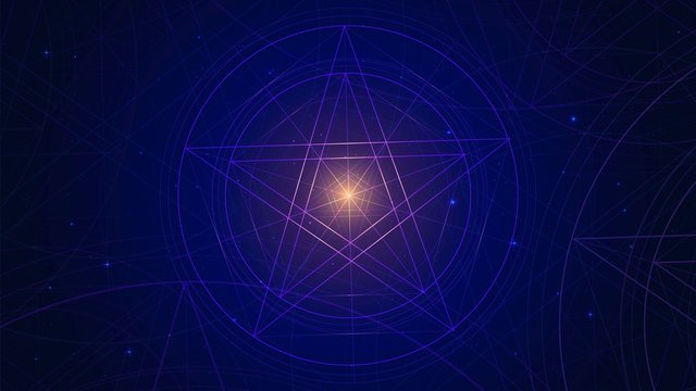 Linear glowing pentagram in the starry sky, a star in a circle a symbol of magic and the occult