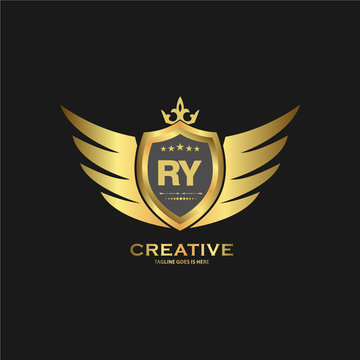 Abstract letter RY shield logo design template. Premium nominal monogram business sign.