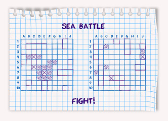 Sea battle game. Ink drawing on a checkered school notebook sheet. Isolated realistic vector