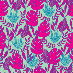 Vector blue pretty tropical leaves overall seamless pattern background