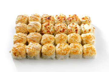 Baked rolls on white background top view