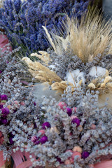 Fototapeta na wymiar Summer Flowers. Bouquet of wild flowers, top view, copy space.
