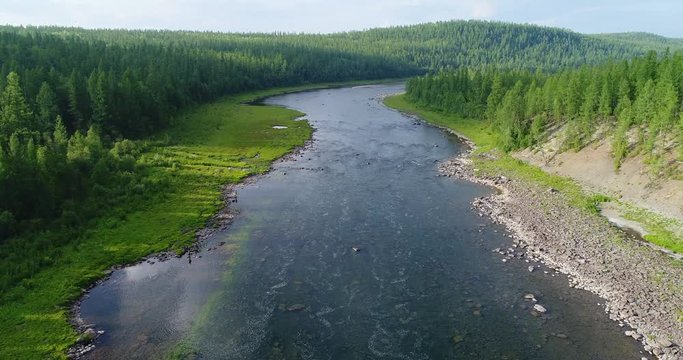 North river. Mountain river. Clean river. Fishing on the river. Hovercraft.