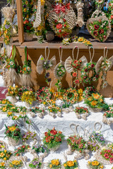 Handmade wheat leaves decorations. Summer Flowers. Bouquet of wild flowers, top view, copy space