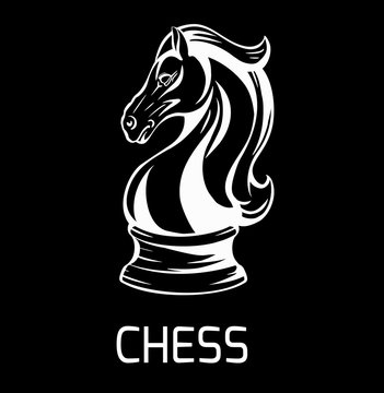Contour white knight chess horse on black background with word. Proud mustang mascot. Symbol of smart play. Outline object for logos, icons, print, sticker and your design.