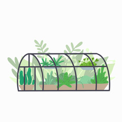 Home semicircular greenhouse with various plants. Glass orangery with flowers and grass. Hobbies and nature interest. Vector flat illustration for cards, stickers, stickers and your creativity.