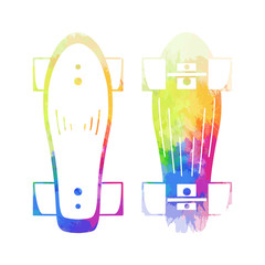 Set of outline illustration of a skateboard top and bottom view with rainbow watercolor splashes. Active lifestyle. Sports hobby. Vector silhouette object for logo, icon, sticker and your creativity.