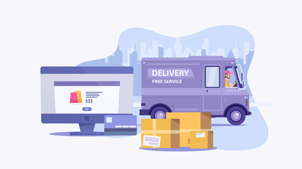 Fototapeta premium Flat cartoon purple delivery van vehicle with driver or courier and laptop or PC on background with city. Free delivery online shopping concept. Element for some quarantine banner. Vector illustration