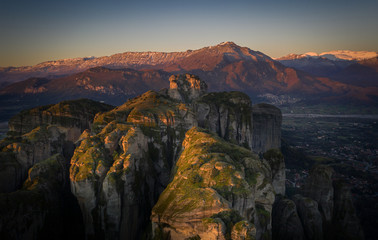 Scenic sunset evening sky over holy Varlaam monastery on cliff in Meteora, Thessaly Greece. Greek destinations