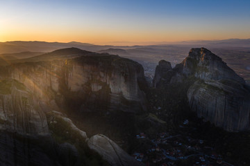 Scenic sunset evening sky over holy Varlaam monastery on cliff in Meteora, Thessaly Greece. Greek destinations