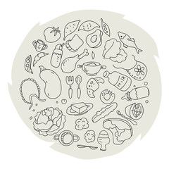 The circle is filled with products and accessories for feeding children aged 9 to 12 months in doodle style. Vector illustrationv