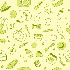 Seamless pattern of complementary feeding items for infants aged 6 to 8 months in doodle style, vector illustration in green