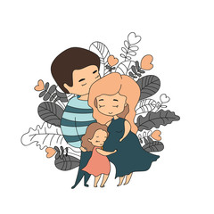 Pregnant mom hugged by dad and little daughter hugging mom's tummy against various leaves background, illustration in doodle style. Vector illustration