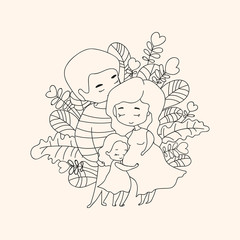 Pregnant mom hugged by dad and little daughter hugging mom's tummy against various leaves background, illustration in doodle style. Vector illustration