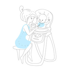 Mom feeds baby from spoon with complementary food, which she holds in her hand in a plate, illustration is made in line art style, in gray with blue elements.Vector illustration