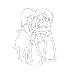  Mom feeds baby from spoon with complementary food, which she holds in her hand in a plate, illustration is made in line art style, in gray. Vector illustration