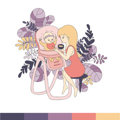 Mom feeds the baby in a chair to feed from a spoon supplementary food, surrounded by various leaves, the illustration is made in a line art style, in shades of coral and purple.Vector illustration