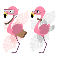 Two business flamingos, one in glasses, a tie and with a case, and another in a butterfly and a scroll of paper, on the background of exotic leaves in pink-gray tones, for printing on a T-shirt