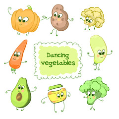 Funny children characters dancing vegetables, outline with colored fillings in cartoon style on a white background. Vector illustration
