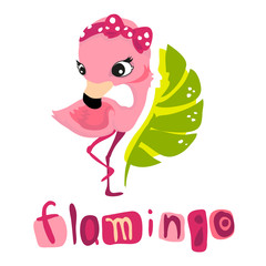 Cute cartoon flamingo character in red polka dot headscarf for baby cards. Vector illustration made in minimalistic style with funny baby inscription - flamingo.	