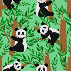 Cute cartoon panda. Seamless pattern. Flat vector illustration isolated on green background.