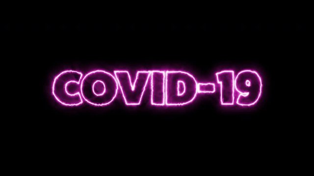 COVID-19 text word written in flaming pink purple letters on a black background. Animated Graphic motion design illustration advertising 4K UHD. Health, security, Pandemic, world lockdown.