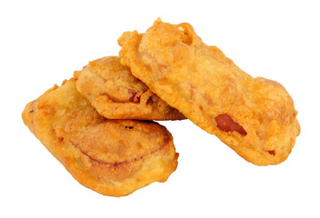 Batter covered fried spam luncheon meat fritters isolated on a white background