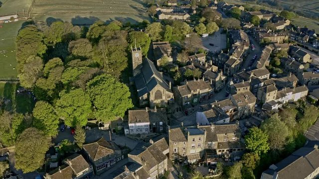 Aerial Shot of Haworth main street, near Keighley, West Yorkshire home of the Bronte Sisters, featuring St Michael & All Angels Church, where Maria Bront&euml;, Patrick Bront&euml;, Elizabeth Bront&euml;, are buried