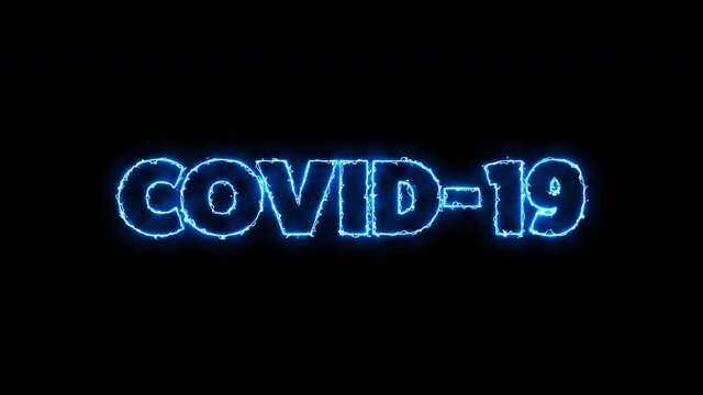 COVID-19 text word written in electric blue letters on a black background. Animated Graphic motion design illustration advertising 4K UHD. Health, security, Pandemic, world lockdown.
