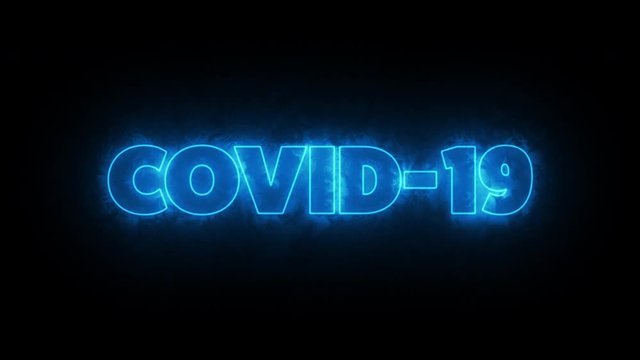 COVID-19 text word written in glowish blue letters on a black background. Animated Graphic motion design illustration advertising 4K UHD. Health, security, Pandemic, world lockdown.