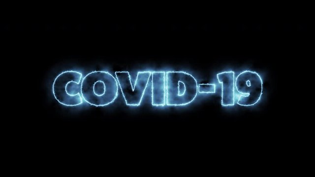 COVID-19 text word written in glowish electric blue letters on a black background. Animated Graphic motion design illustration advertising 4K UHD. Health, security, Pandemic, world lockdown.