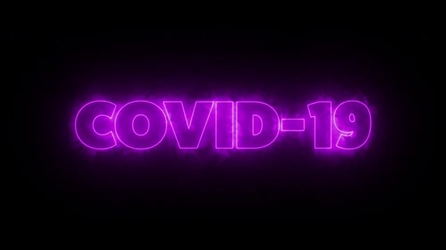 COVID-19 text word written in glowish purple letters on a black background. Animated Graphic motion design illustration advertising 4K UHD. Health, security, Pandemic, world lockdown.