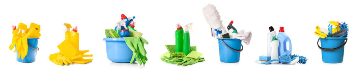 Set of cleaning supplies on white background