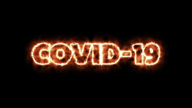 COVID-19 text word written in glowish flaming orange letters on a black background. Animated Graphic motion design illustration advertising 4K UHD. Health, security, Pandemic, world lockdown.