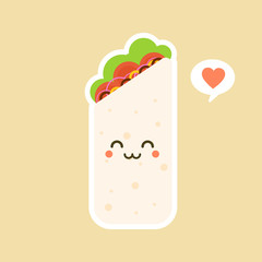 Cute cartoon Burrito vector illustration isolated on color background. Kawaii Mexican food. Food characters vector.