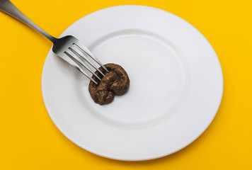 A fork strung artificial plastic feces of a cat which are lie on a white plate close-up. The concept of an inept cook, a crappy restaurant, bad food, a taste of shit. Bad smelling joke.