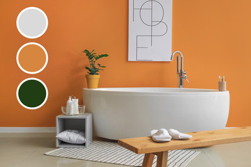 Interior of modern comfortable bathroom. Different color patterns