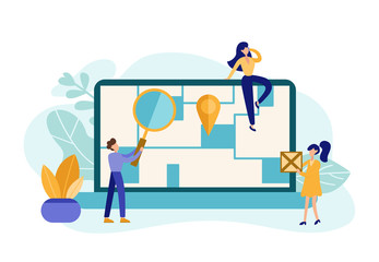 Fast parcel delivery service and women with box in her hands. City street in the background with parcel route on laptop. Flat vector illustration