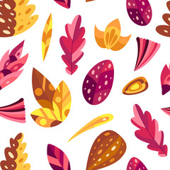 Autumn seamless pattern with flowers and leaves in decorative flat style. Background for textile, wallpapers, gift paper. Vector season illustration on white