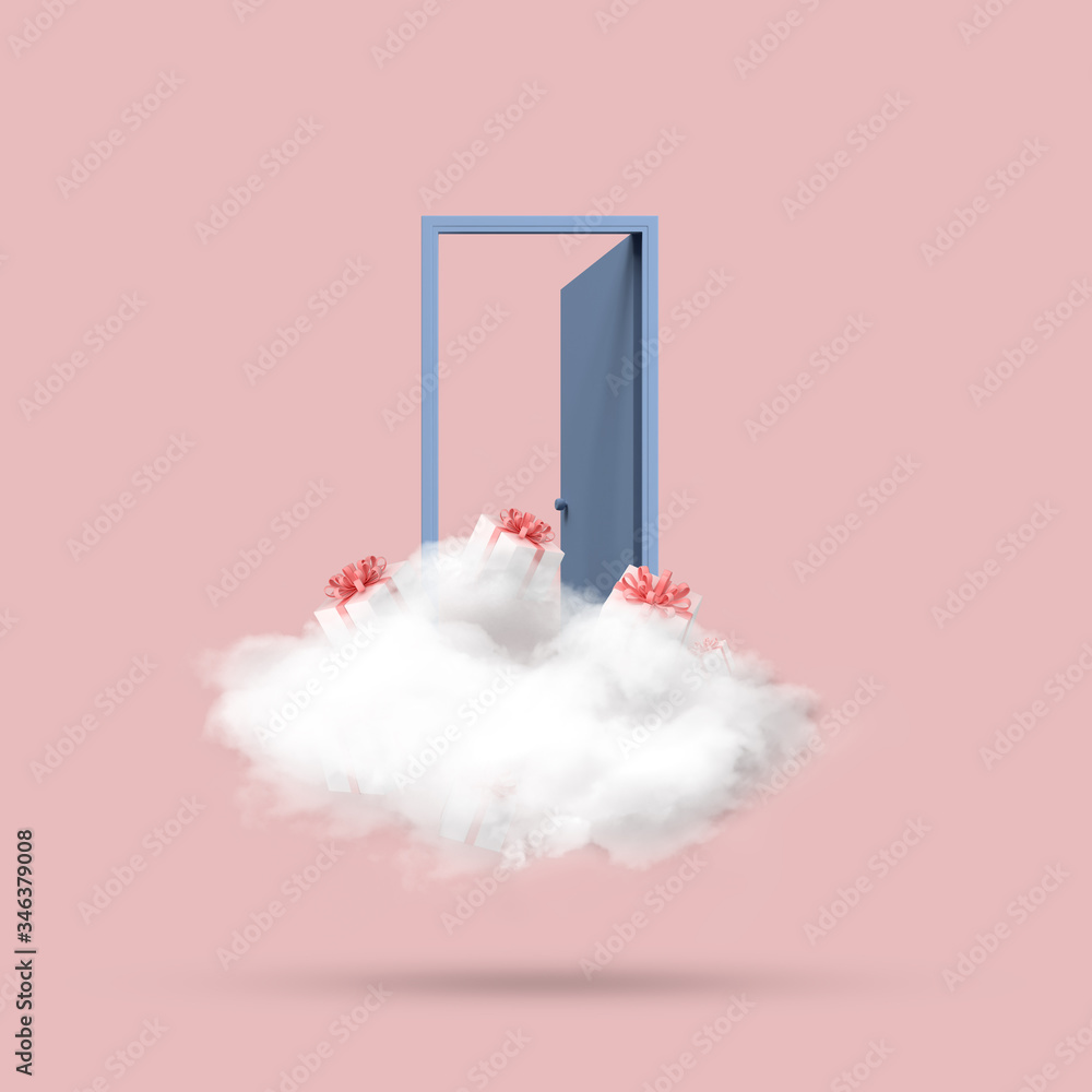 Poster minimal conceptual image of blue open door with white cloud and present boxes on pink background. 3d
