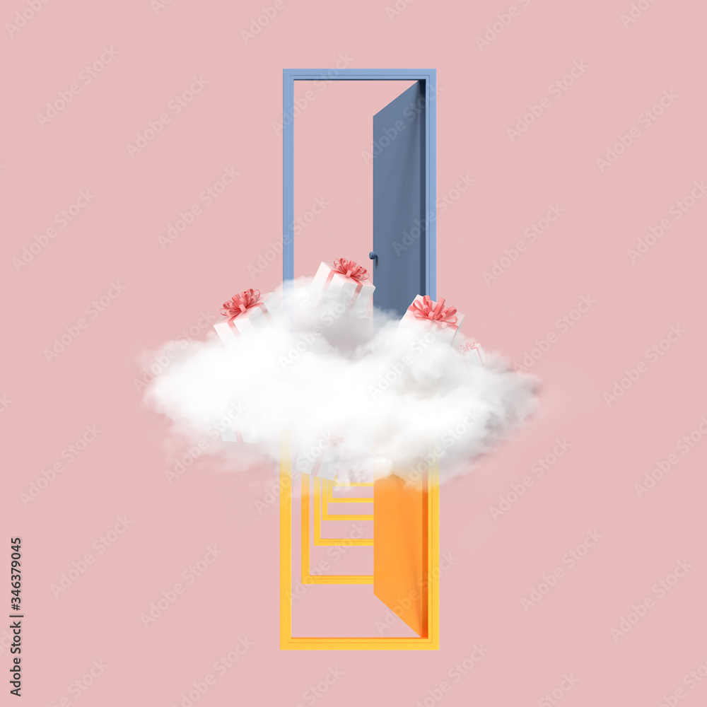 Poster minimal conceptual image of blue open door with white cloud and present boxes on pink background. 3d