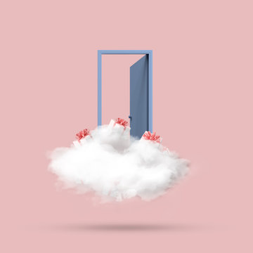 Minimal conceptual image of blue open door with white cloud and present boxes on pink background. 3D rendering
