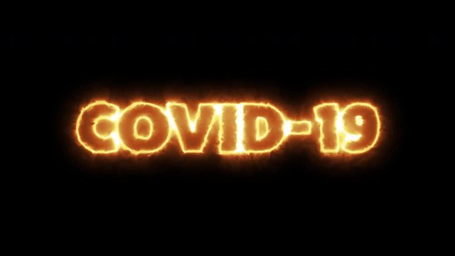 COVID-19 text word written in yellow flames letters on a black background. Animated Graphic motion design illustration advertising 4K UHD. Health, security, Pandemic, world lockdown.