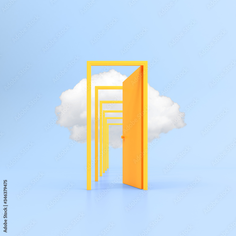 Poster minimal conceptual image of yellow open door with white cloud on blue background. 3d rendering