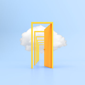 Minimal conceptual image of yellow open door with white cloud on blue background. 3D rendering