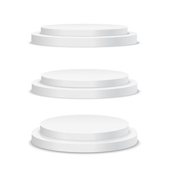 White podium. Round 3d empty podium with steps. Vector mockup.