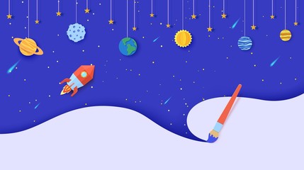 Space with planets on rope and flying red polygonal rocket in paper cut style. Cut out 3d abstract background with planet Earth, Sun, Mercury, Jupiter and paintbrush draw. Vector card illustration.
