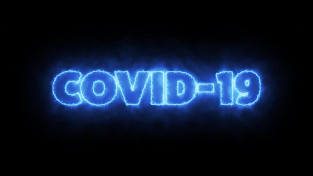 COVID-19 text word written in glowish blue letters on a black background. Animated Graphic motion design illustration advertising 4K UHD. Health, security, Pandemic, world lockdown, danger.