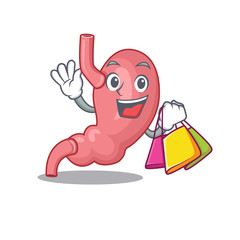 Rich and famous human stomatch cartoon character holding shopping bags